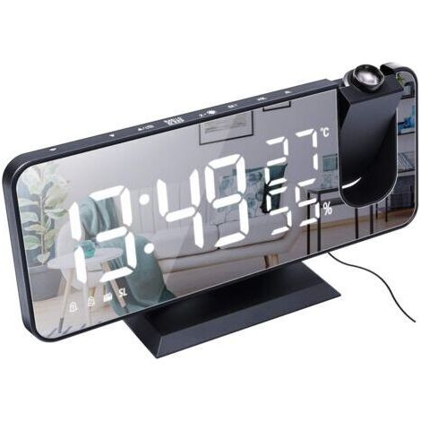 NALOOKAMIC Réveil à Projection pour Chambre à Coucher Grand écran Miroir LED 7,4 '' et Radio-réveil à 4 Gradateurs avec Chargement USB Rotatif à 180 ° 2 Sons