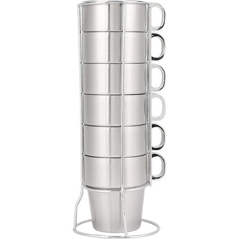 Tazza in acciaio inossidabile, 6 tazze impilabili in acciaio inossidabile, utilizzate per birra, caffè, tè, latte, succo di frutta, tazza da caffè isolata a doppio strato, con manico e portabicchieri