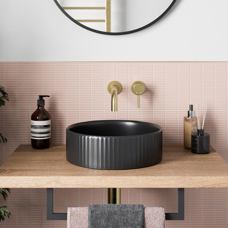 Bathroom Countertop Basin Sink Fluted Matt Black Round Modern 360 x 360mm