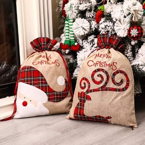 2er-Pack Weihnachtssäckchen mit Weihnachtsmann-Motiv, große Weihnachtssäckchen aus Leinen mit Kordelzug zum Verpacken von Geschenken, 56 x 39 cm, wiederverwendbare Geschenk-Aufbewahrungstasche