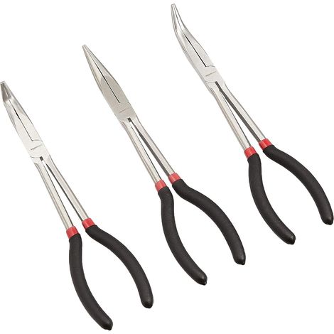 Set di 3 pinze a becco lungo nere con ampia portata, angolo di 90 gradi, angolo di 45 gradi e becco dritto. (1/4)