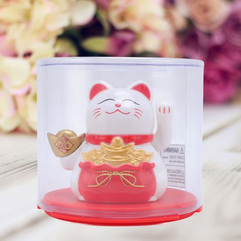 Estatua de gato Maneki Neko blanco de Feng Shui, alimentada por energía solar, 60 mm, ABS con panel solar, para oficina, coche, restaurante – decoración de amuleto de la suerte (1/5)