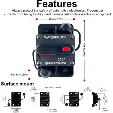 Disjoncteur automatique 250A réarmable - Fusible thermique pour voiture. bateau. camping-car - Protection électrique 12V/24V - Coupe-circuit à réinitialisation automatique (1/5)