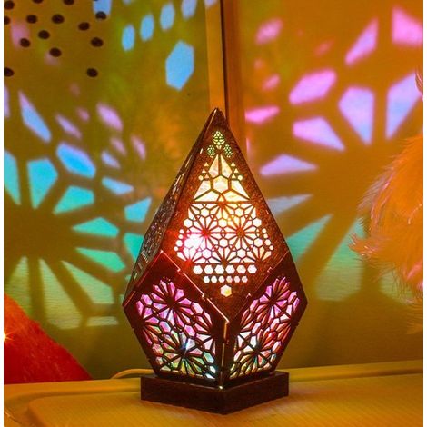 Lampe projecteur 1 étoile, éclairage d'ambiance bohème, lampe de chevet en bois avec lanterne géométrique, lumières LED colorées en bois (1/5)