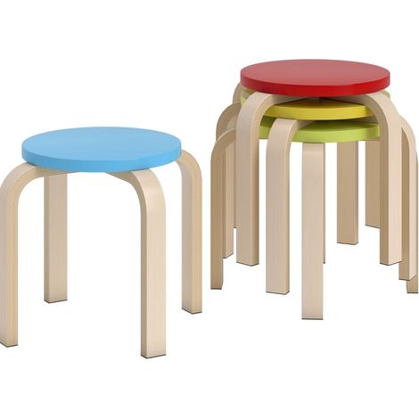 Set di 4 sgabelli impilabili in compensato di betulla, multicolore, con feltrini (1/5)