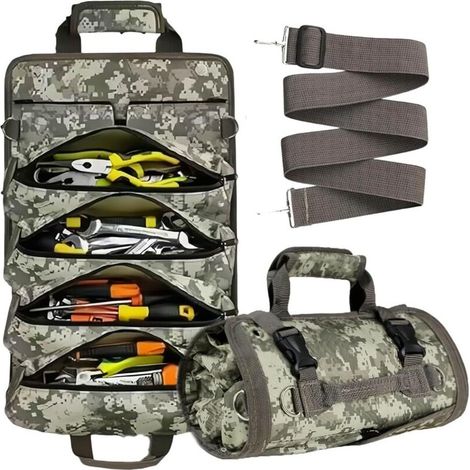 Sac à outils enroulable, robuste, vide, portable, pliable, avec 2 petites poches, sac de transport enroulable, sac à outils, papa, homme, mécanicien (camouflage) (1/5)