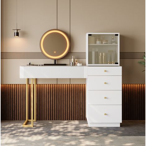 Tocador 120 x 40 x 120 cm con espejo LED, 5 cajones, mueble y vidrio templado blanco HAVRYA (1/5)