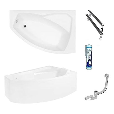 ECOLAM Baignoire d'angle Rima 160x100 cm version droite tablier acrylique pieds siphon + silicone Belle forme Set complet (1/5)