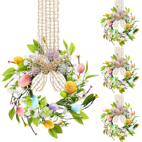 Guirlande De Pâques - 8 Pouces - Œufs Artificiels Colorés - Foliage Vert - Ruban Bow - Pour Armoire De Cuisine Porte Fenêtre Table - Lot De 4 (1/5)