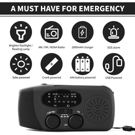 Ortviai Radio d'urgence à manivelle avec lampe LED, batterie externe 2000 mAh, solaire & USB, AM/FM/NOAA (1/5)