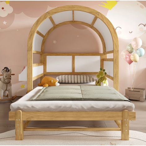 Letto per bambini 140x200 cm bianco e naturale in pino e MDF con letto estraibile (1/5)