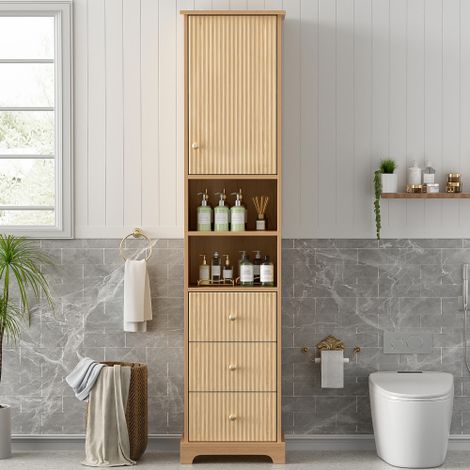 Meuble de salle de bain 40x30x172 cm - 3 tiroirs et 1 porte - étagères ouvertes - motif à rayures verticales - MDF - naturel
