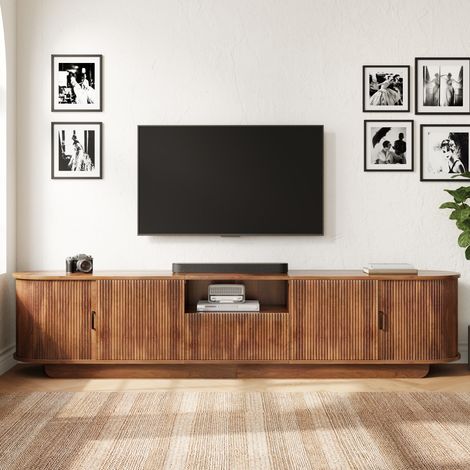 Meuble TV 200 cm noyer avec Portes Coulissantes Effet Vague 3D, Tiroir - Meuble de salon avec passe-câbles, Meuble Télé scandinave
