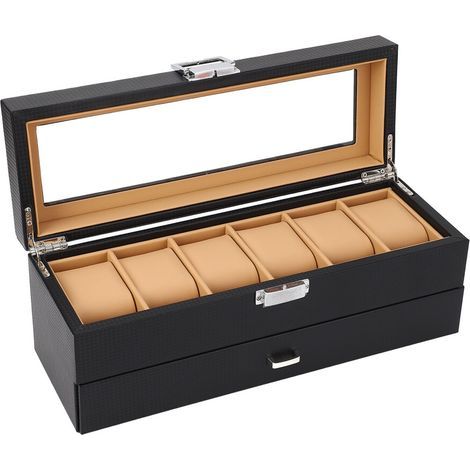 Boîte à montres en fibre de carbone noire, coffret à bijoux à 6 compartiments et double couche (1/5)