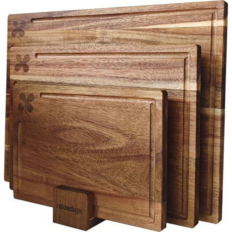 Relaxdays tabla de cortar 3 tamaños con canal recoge jugos y soporte, madera de acacia higiénica, antideslizante, marrón