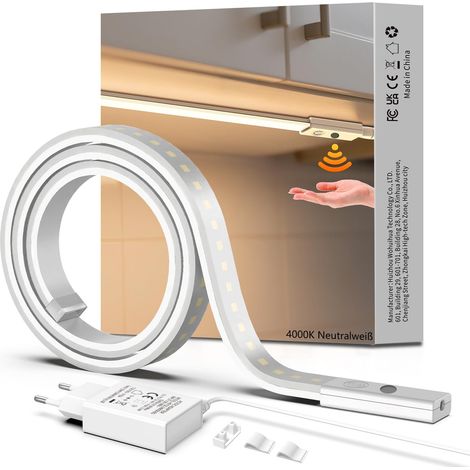 Lampe LED sous meuble de 1 m, à intensité variable, blanc neutre, bande lumineuse LED autocollante, bande LED flexible en silicone avec capteur sans contact pour cuisine, bureau, chambre (1/5)