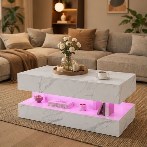 Meuble Table Basse en verre,Table d'appoint, table de canapé 100 x 50 x 45, avec LED 2 tiroirs, blanc, pour salon, chambre à coucher (1/5)