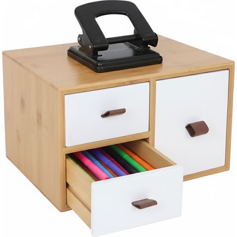 Caja con cajones Relaxdays de bambú y MDF, 3 cajones, HBT: 15 x 25 x 20 cm, organizador de escritorio, natural/blanco