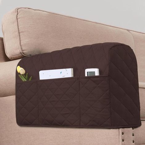 Fundas para reposabrazos de sofá (2 unidades), Funda elástica para sofá, Con 3 bolsillos, Aptas para la mayoría de sofás, Marrón oscuro (1/5)