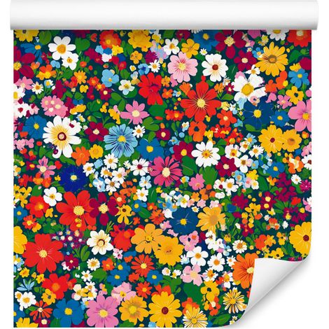 Papel pintado con flores pequeñas rojas y verdes para salón y dormitorio, 50x1000 cm. (1/5)