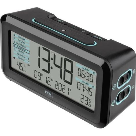 TFA Dostmann Reloj Despertador DCF negro con pantalla digital