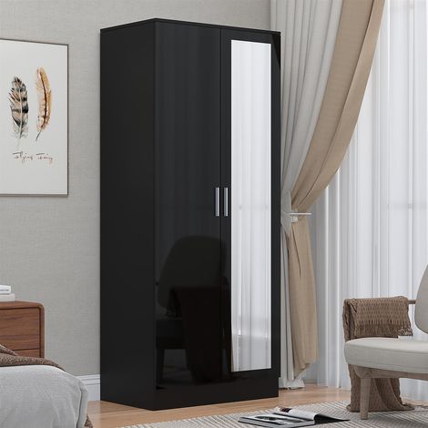 Reflect 2 Door Mirrored Wardrobe - Black Gloss & Black Oak - Hanging Rails & Shelves - Modern Sleek Design
