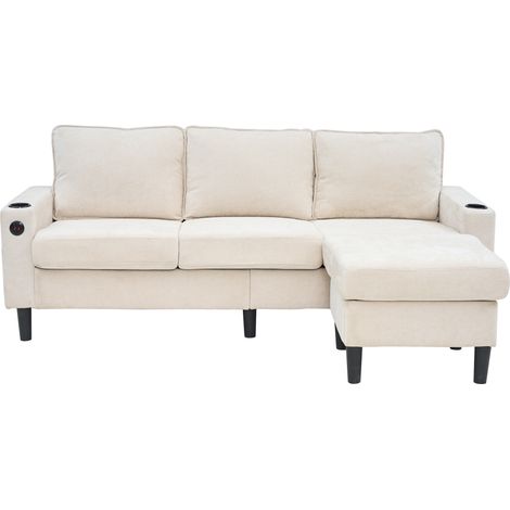 ELVMI Divano ad Angolo con USB, Porta Type-C, 2 Portabicchieri e Poggiapiedi Modulare in Lino Beige 202 × 137 × 80 cm (1/5)
