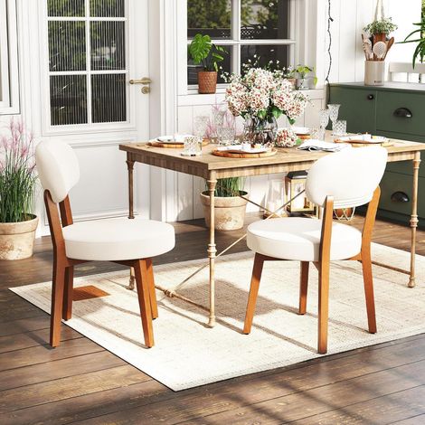 Lot de 2 chaises de salle à manger en lin beige avec pieds en bois massif (1/5)