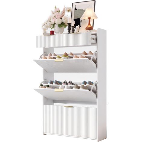 Meuble à chaussures étroit blanc avec 3 abattants et 2 tiroirs, range-chaussures gain de place pour entrée et couloir, panneau de particules  CHICFURN (1/5)