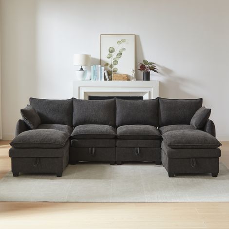 Canapé d'angle en U, canapé modulable avec espace de rangement, 4 éléments d'assise, 2 poufs,coussins et d'accoudoirs,chenille,structure en bois,gris (1/5)