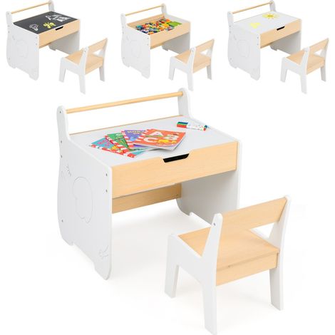 Set tavolo e sedia per bambini con piano rimovibile 2-in-1, Set scrivania in legno con spazio di archiviazione Bianco (1/4)