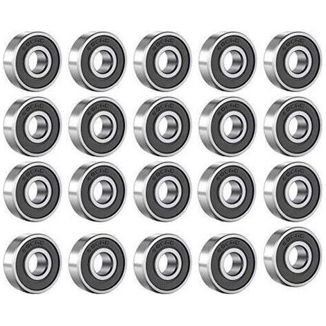 Lot de 20 roulements à billes 608 RS - En métal - À rainures - En acier carbone - Avec double blindage noir - Pour skateboard, rollers, rollers (8 mm x 22 mm x 7 mm) (1/5)