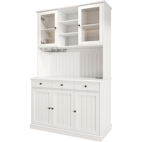 Aparador alto blanco 120x40x191 cm con puertas de vidrio, copas y tomas USB (1/5)