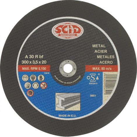 Schleifscheibe mit flanschlosem Metallmaschinen-Design, Bezeichnung Metalle ø X Ep (mm) 300 X 3,5 Bohrung (mm) 20