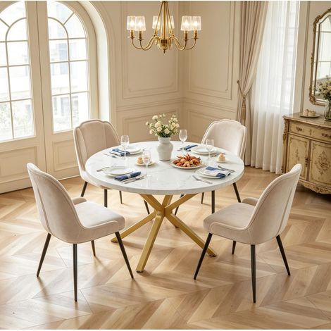 Mesa de comedor redonda Ø 100 cm con efecto mármol y estructura de acero dorada (1/5)