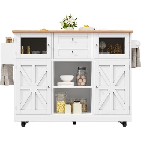 Îlot de cuisine avec plan de travail effet bois, buffet et desserte avec porte-serviettes latéral, portes d’armoire en relief 3D, roulettes et cloisons réglables, blanc