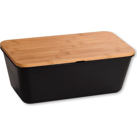 Boite à pain en plastique avec couvercle en bambou - Noir/Marron - L 35 x H 13,5 cm - Livraison gratuite (1/5)