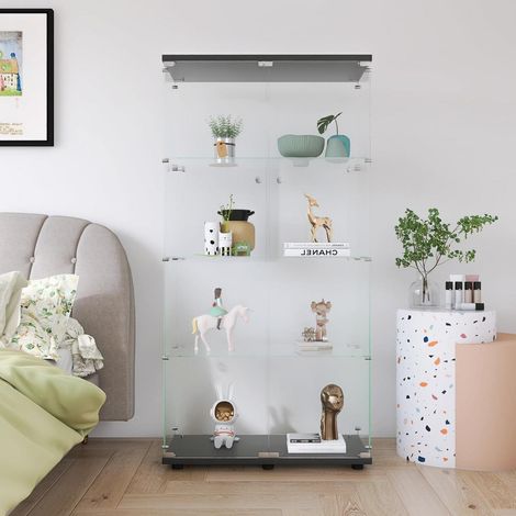 Glasvitrine 164cm mit 4 Ebenen, 2 Türen und Schloss, Schwarz (1/5)