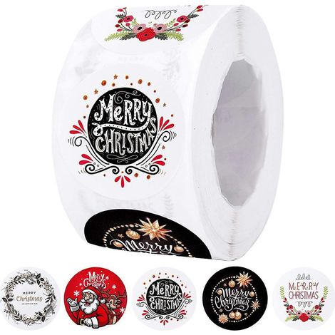 Vrolijke kerststickers voor cadeaus - Rol met 500 ronde stickers - 3,8 cm (1,5 inch) cadeauboxstickers, kerstcadeaulabelstickers - 5 kerstpatronen (1/4)