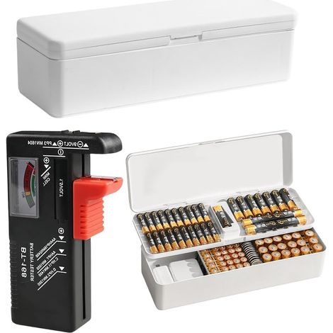Caja de almacenamiento de pilas con comprobador: capacidad para 41 pilas AA, 55 pilas AAA y 19 pilas de botón, color blanco (pilas no incluidas). (1/5)