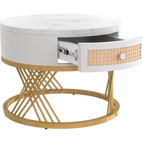 Table basse gigogne ronde effet marbre avec tiroir en rotin plastique, pieds en métal doré, 70x70x45,5 cm et 50x50x38,5 cm (1/5)