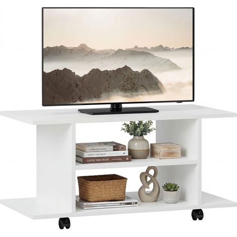 Meuble TV design blanc dimensions 80x40x40cm avec étagères modulables ajustables et roulettes à frein, meuble pratique pour aménagement de votre salon quotidien