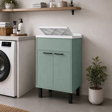 Mobile lavatoio 60x50 cm verde scuro con asse di lavaggio e kit di scarico Smeraldo (1/5)
