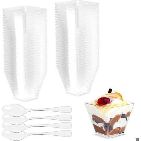 Set mit 50 Dessertbechern (60 ml) und 50 Löffeln – Wiederverwendbarer, transparenter Kunststoff – Für Mousse, Gelee, Tiramisu und Buffets (1/5)