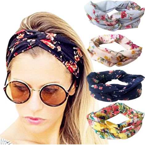 Lot de 4 bandeaux pour femmes, style bohème vintage, élastiques, à fleurs, croisés, accessoire de coiffure mignon