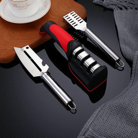 Affûteur de couteaux 3 en 1, meules diamantées et céramiques, pour couteaux de cuisine, incluant un couteau à fruits et un grattoir à écailles à poisson (1/4)