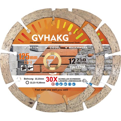 Lot de 2 disques à tronçonner diamantés 125 mm pour béton, granit, pierre, brique, disques à tronçonner segmentés, pour meuleuse d'angle et Flex (125 x 22,23 mm) (1/5)