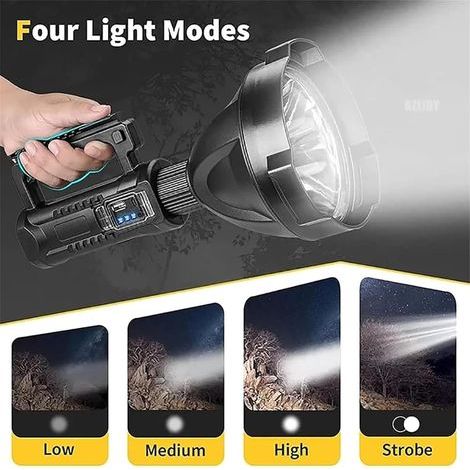 Projecteur rechargeable ultra-lumineux, lampe torche tactique portable à 4 modes, puissant, portable et étanche, sortie USB, lampe torche de camping P50 (31 x 16 cm). (1/5)