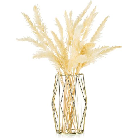 Vase pour herbes de la pampa, vase haut en verre doré avec support géométrique en métal, pot de fleurs pour décoration scandinave, centre de table pour bureau ou mariage (1/5)