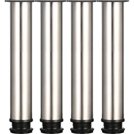 4 Adjustable Feet - Height 250mm, Thick Furniture Legs, Adjustable Height 0-15mm, Table Legs, Furniture Legs, Brushed Stainless Steel - Stainless Steel Screws Included